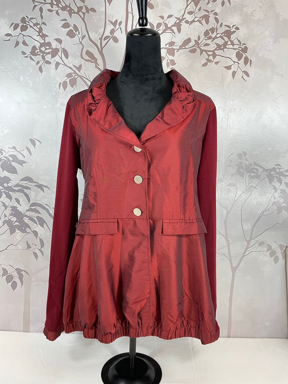 Zoompy Paris Ruffled Peplum Bubble Hem Jacket Top Wine Burgundy Shimmer Size L